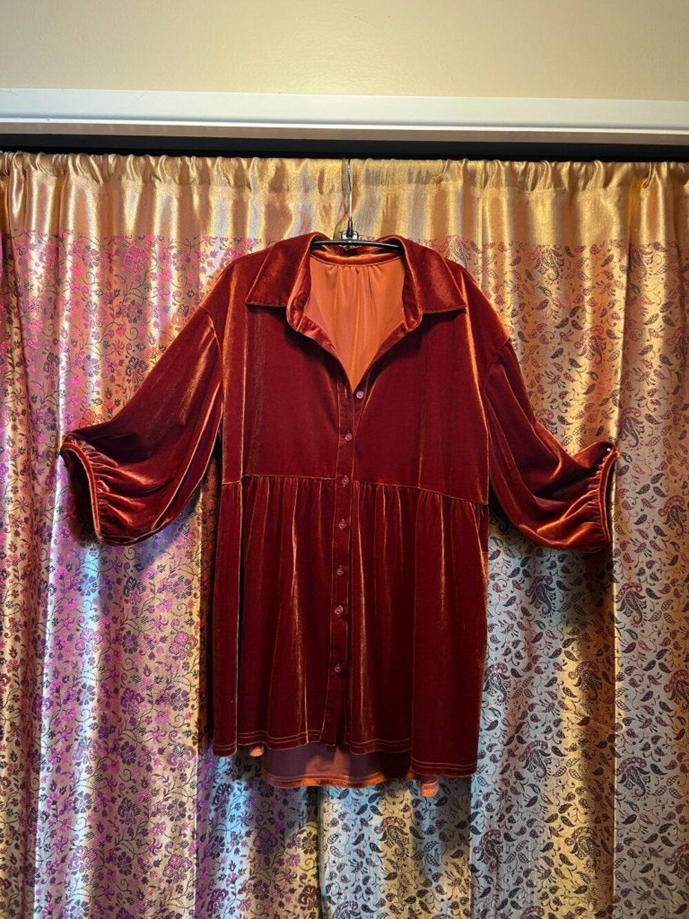 Burnt orange velvet tunic (short) dress with 3/4 sleeve- XL